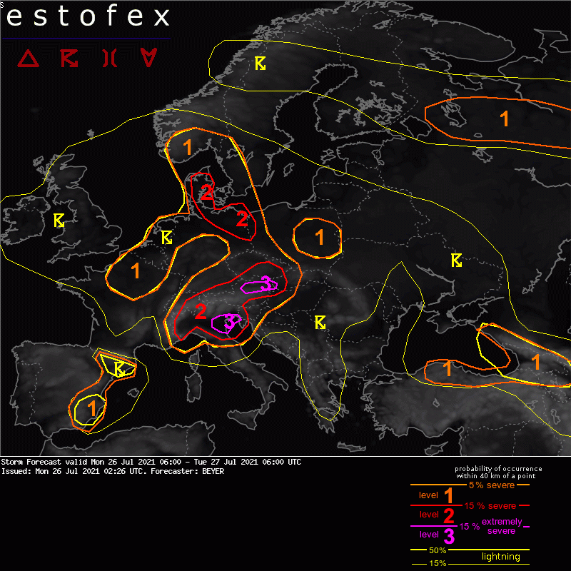 Estofex Stormforecast - Mon 26 Jul 2021 06:00 to Tue 27 Jul 2021 06:00 UTCA level 3 was issued along the northern Alpine rim in Austria mainly for (very) large hail, (extreme) severe wind gusts, and excessive precipitation.Quelle: https://estofex.org